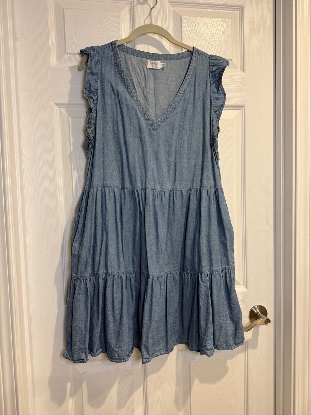 Time and Tru Light Blue Chambray Tiered V-Neck Mini Dress